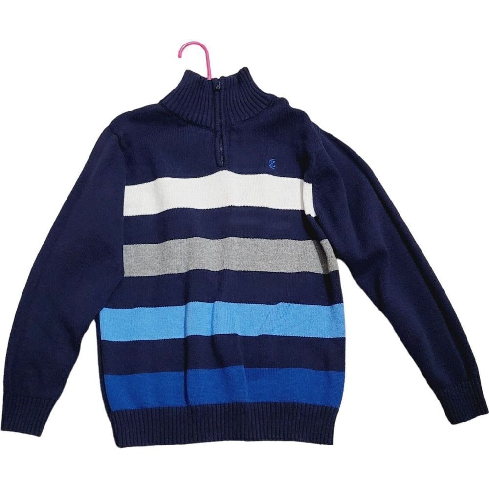 Izod Boys 1/4 Zip Sweater Navy Blue Striped Size Large 10/12